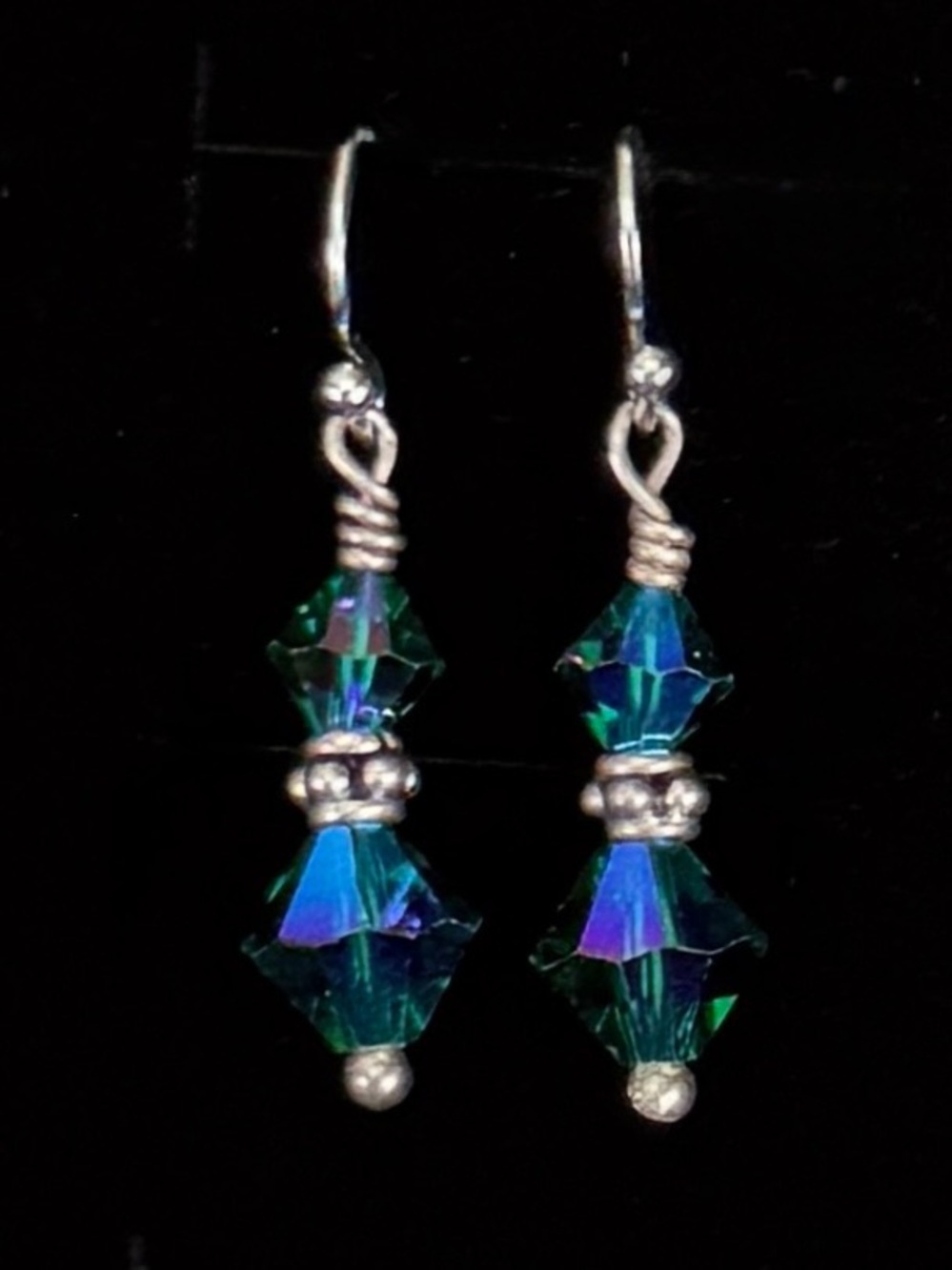 Silvertone Blue and Green Crystal Pierced Earrings - Picture 3 of 6